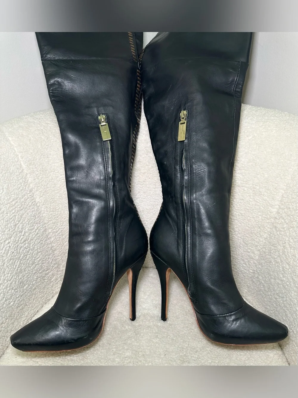 L.A.M.B. Black Leather Over-the-Knee Stiletto Boots Sexy Party Rich Luxury 8.5
